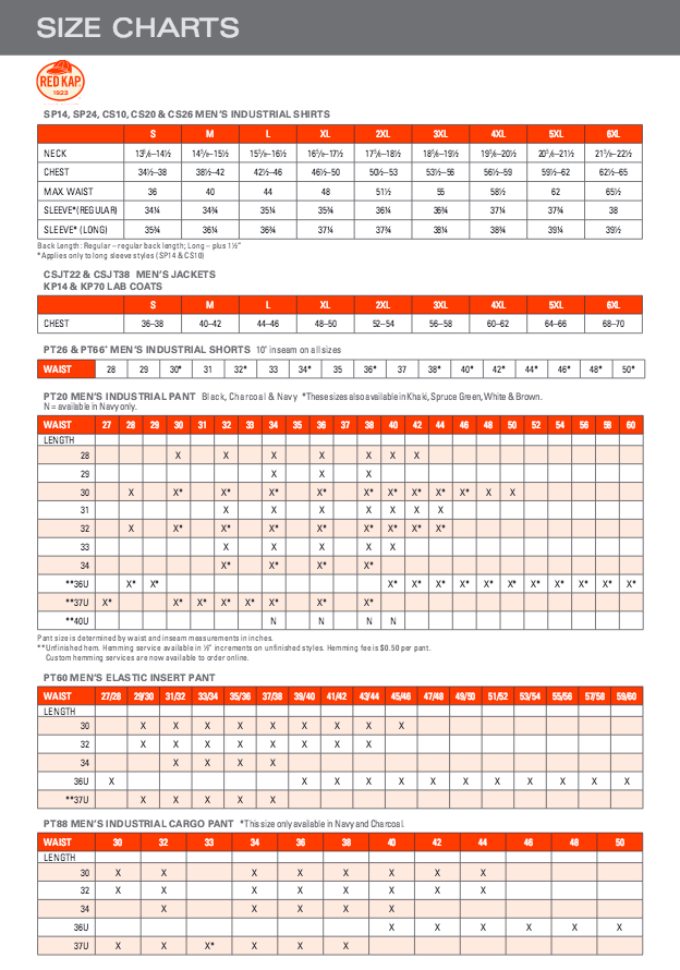 Red Kap Size Chart